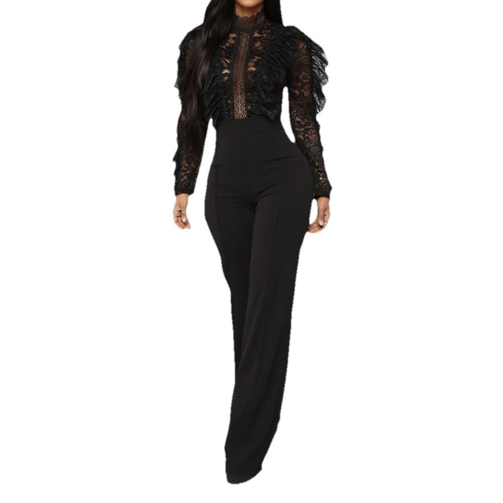 Fashion Nova In My Shadow Jumpsuit Women’s Small Sheer Black Lace Ruffle Glam